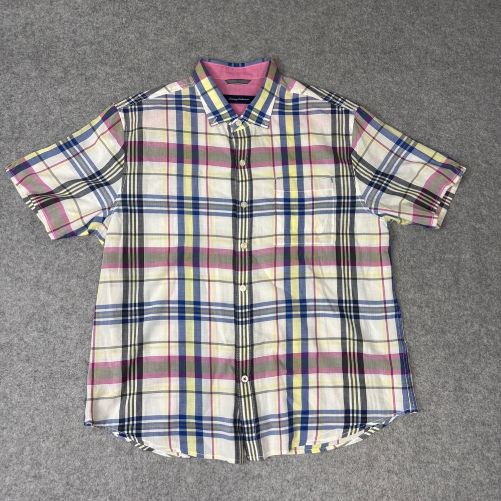 Tommy Bahama Mens XL Short Sleeve Plaid Button‎ Down Shirt Cotton Multi-Color